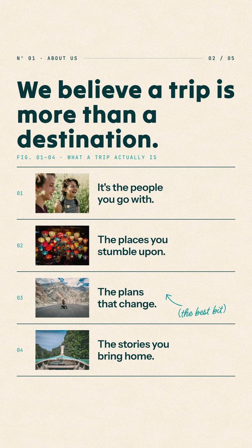 A story listing what a trip is, each line beside a small photograph