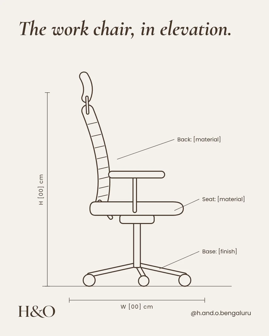 A work chair drawn in elevation with dimension lines