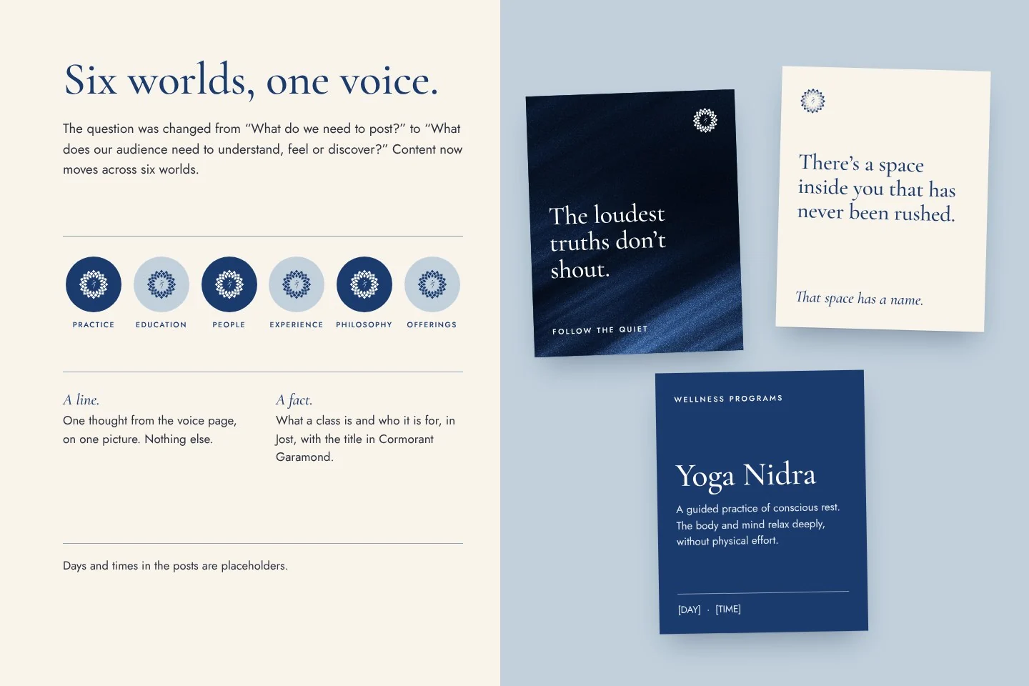 The brand book social page: six content worlds and three sample posts
