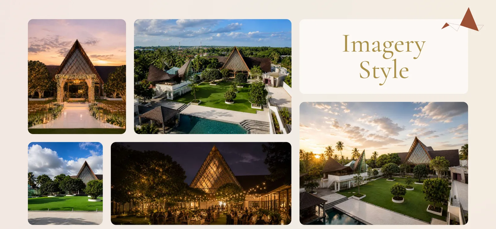 The imagery style: the venue at dusk and from above