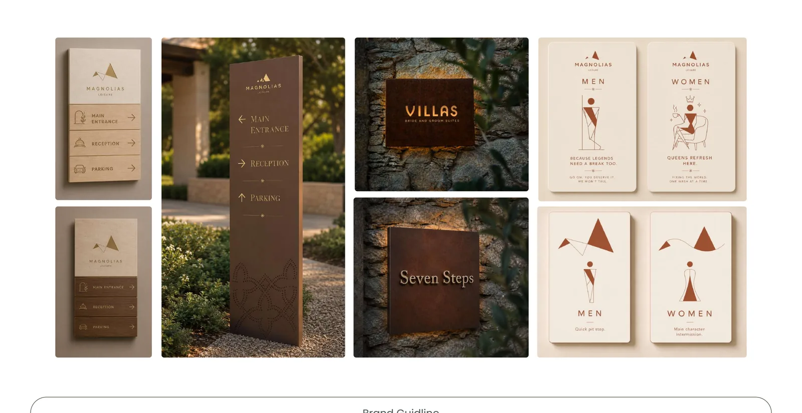 Signage concepts: a room sign, a wayfinding totem, villa plaques and powder-room signs