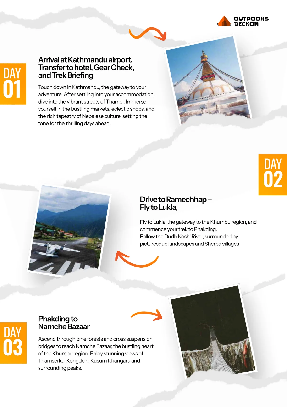 A day-by-day page with photographs and arrows