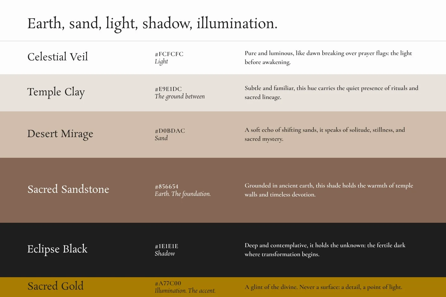 The brand book colour page: six colours laid as bands from light to earth to shadow, with a line of gold